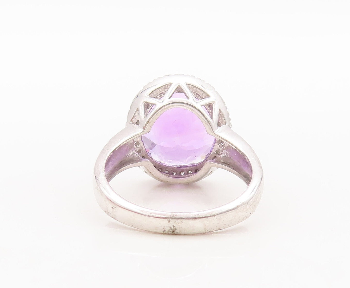 925 Sterling Silver Vintage Ring Round Cut Amethyst Halo CZ  Sz 7.5  RG29571
