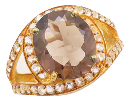 925 Sterling Silver Vintage Ring Gold Plated Smoky Quartz & Topaz  Sz 7  RG29373