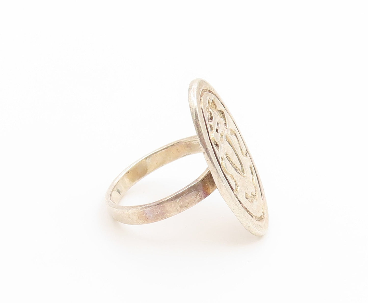 925 Sterling Silver Vintage Ring Modernist Carved Tribal Dance Band Sz 9 RG36901