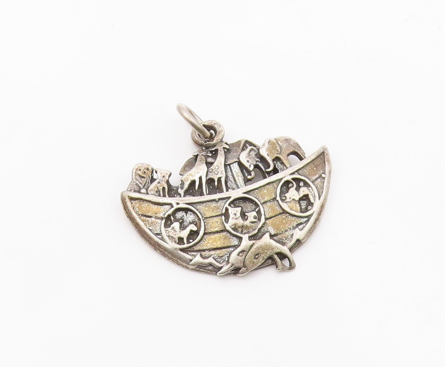 925 Sterling Silver  Vintage Noah's Arc Biblical Motif Drop Pendant  PT15672