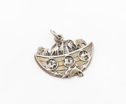 925 Sterling Silver  Vintage Noah's Arc Biblical Motif Drop Pendant  PT15672