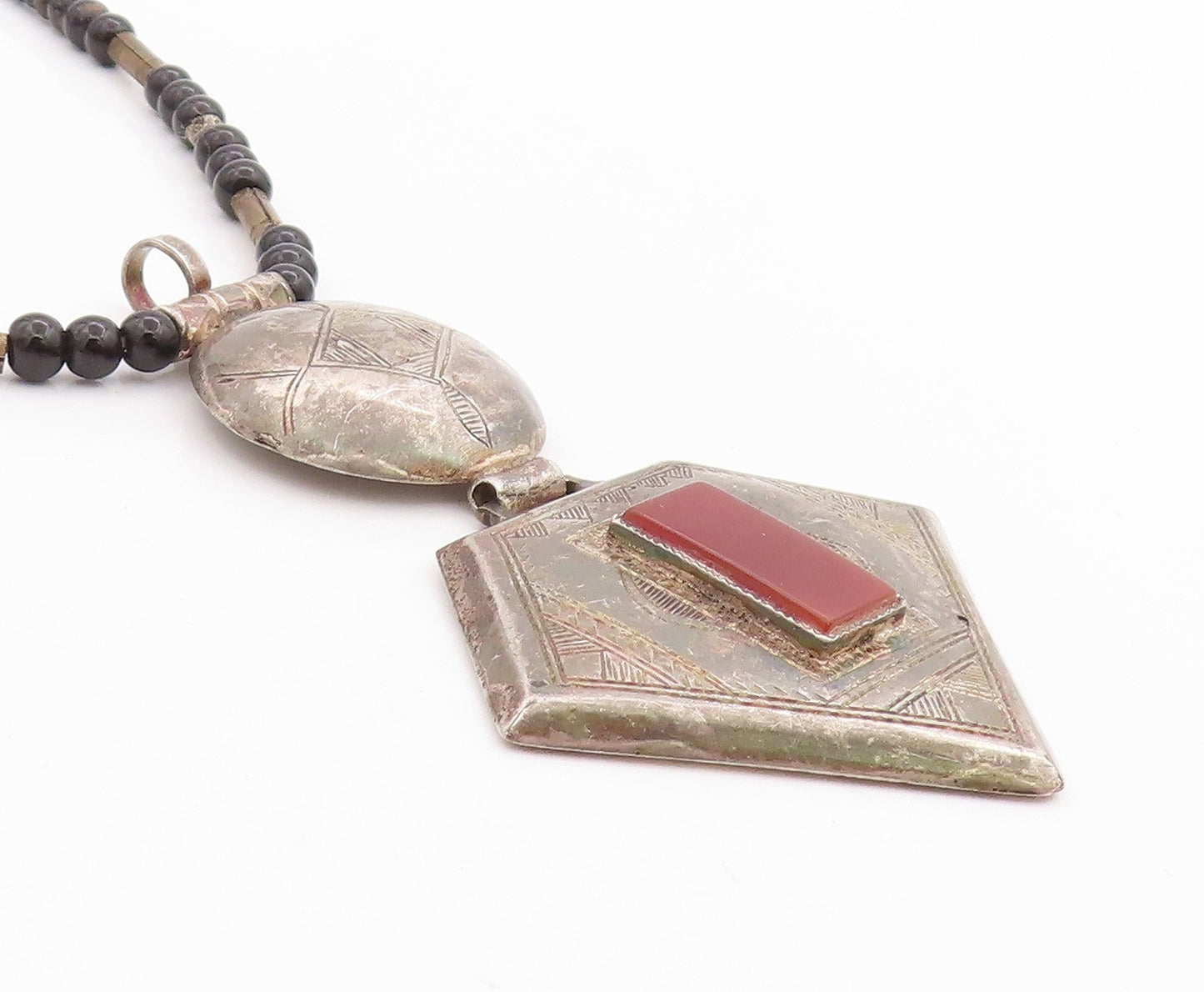 925 Sterling Silver Vintage Necklace Antique Carnelian & Onyx Chain  NE4588