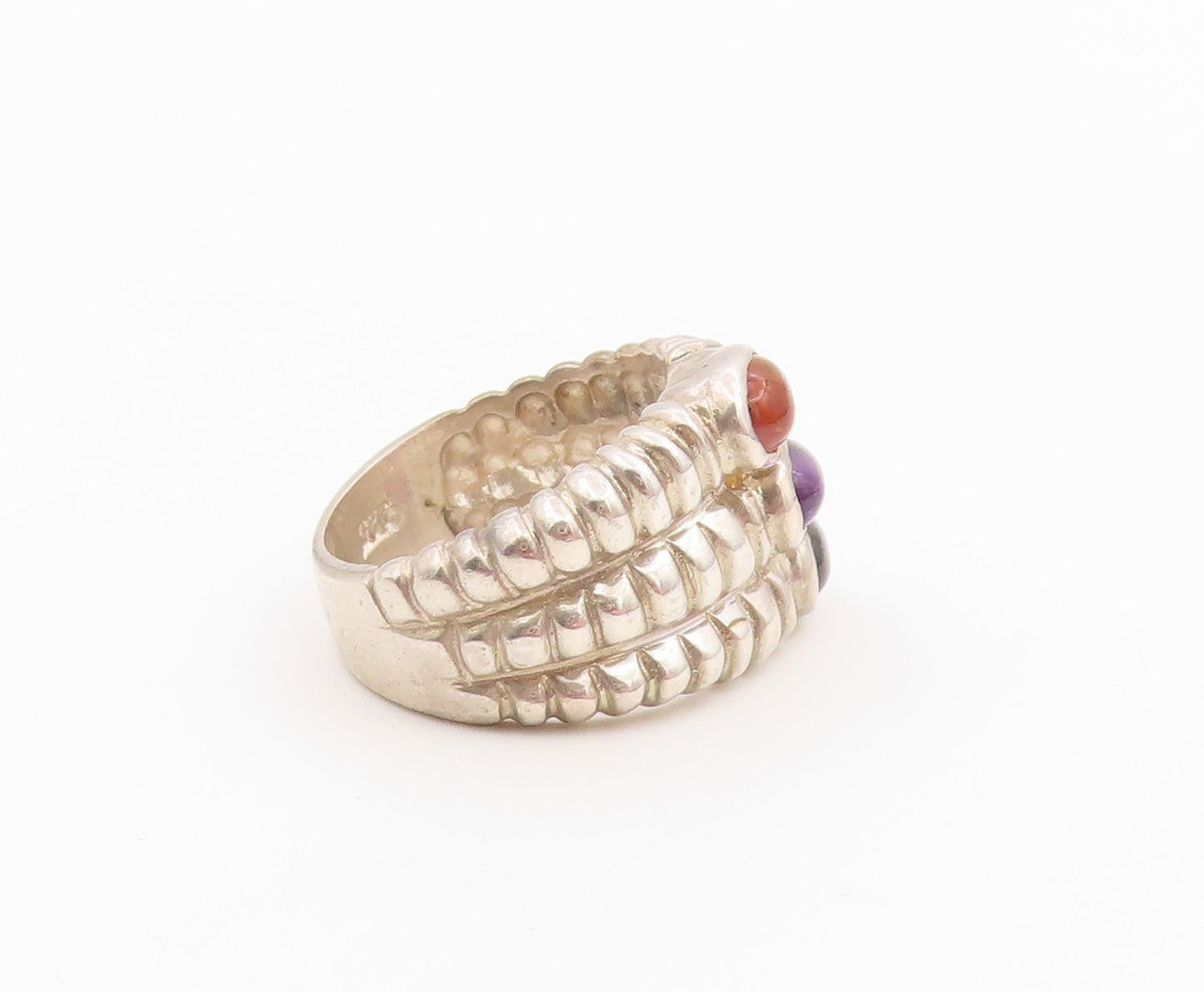 925 Sterling Silver Vintage Ring Multi Stone Triple Row Ribbed Band Sz 6 RG36477