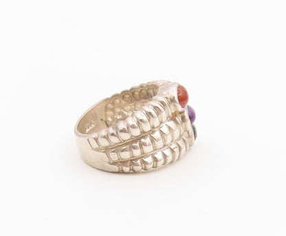 925 Sterling Silver Vintage Ring Multi Stone Triple Row Ribbed Band Sz 6 RG36477