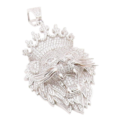 925 Silver  Vintage Carved Roaring Jungle King Lion Inlay CZ Pendant  PT22361