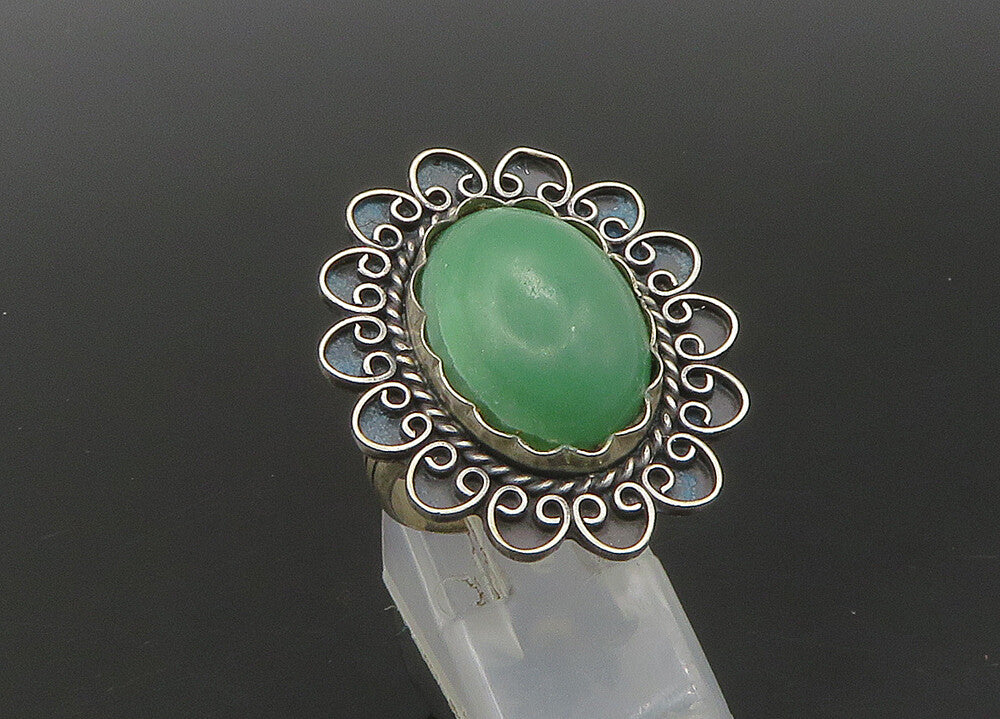 MEXICO 925 Silver  Vintage Green Jasper Floral Cocktail Ring Sz 8  RG23313