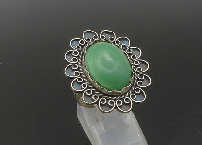 MEXICO 925 Silver  Vintage Green Jasper Floral Cocktail Ring Sz 8  RG23313