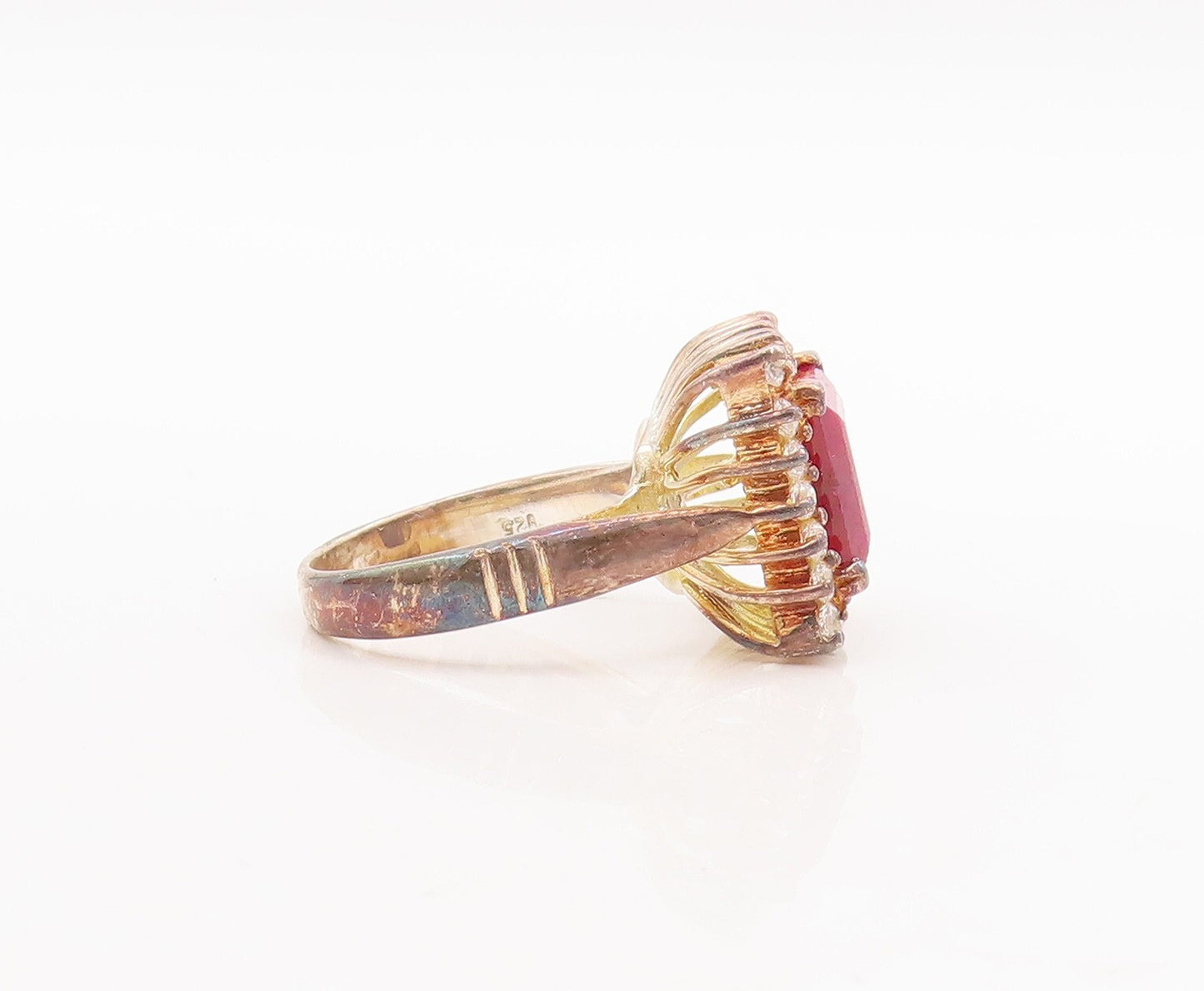 925 Sterling Silver Vintage Ring Gold Plated Square Gemstone & CZ  Sz 7  RG29722