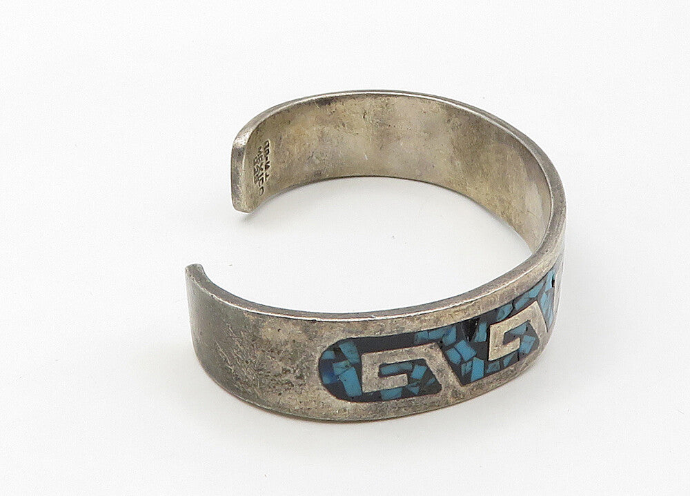 MEXICO 925 Sterling Silver  Vintage Turquoise Mosaic Cuff Bracelet  BT8573