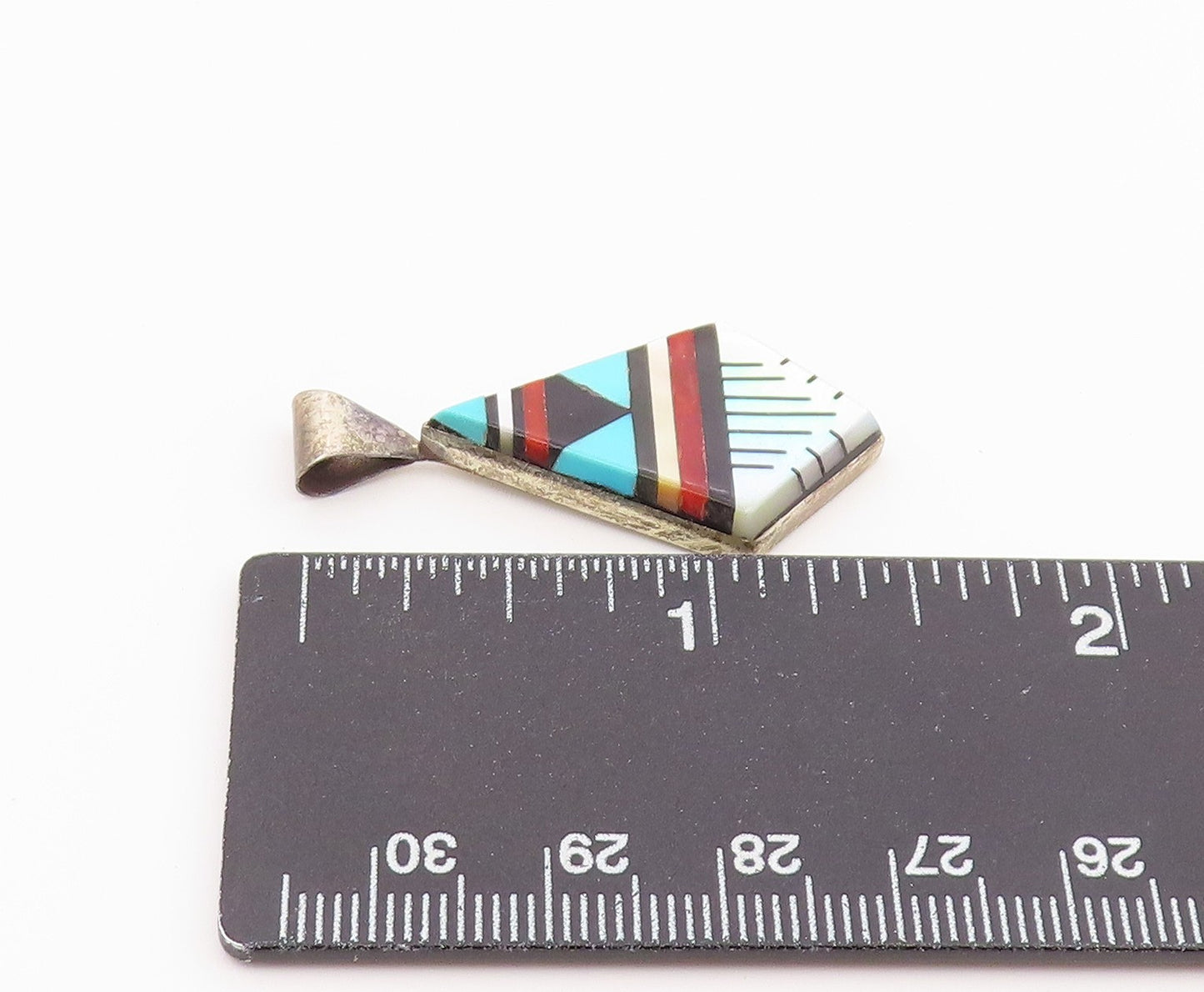 925 Sterling Silver Vintage Pendant NAVAJO ZUNI Gemstone Geometric Inlay PT26424