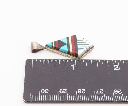 925 Sterling Silver Vintage Pendant NAVAJO ZUNI Gemstone Geometric Inlay PT26424