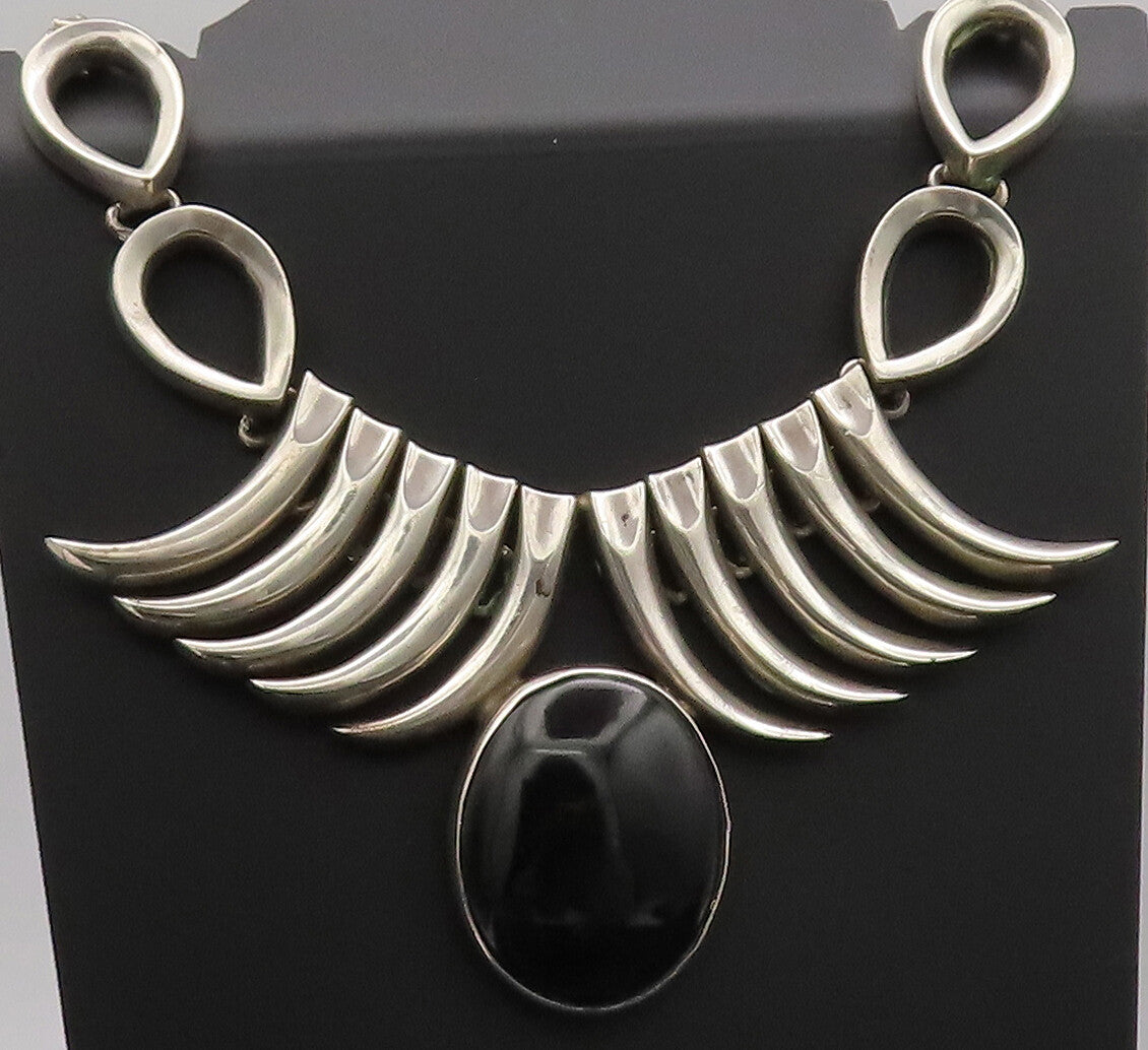 925 Sterling Silver Vintage Necklace MEXICO Animal Teeth Oval Onyx Heavy  NE4228