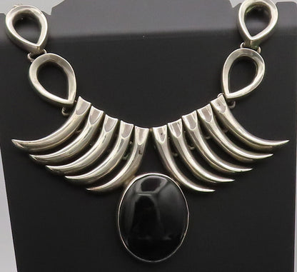 925 Sterling Silver Vintage Necklace MEXICO Animal Teeth Oval Onyx Heavy  NE4228