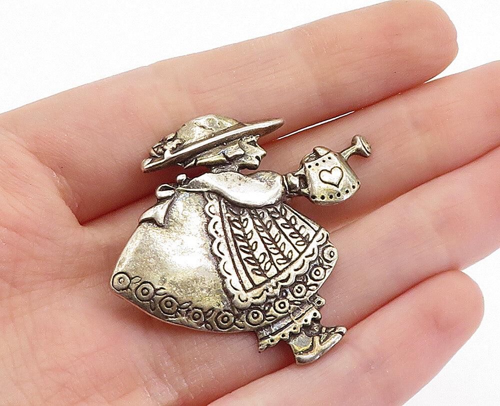 925 Sterling Silver  Vintage Antique Girl With Watering Can Brooch Pin  BP2560