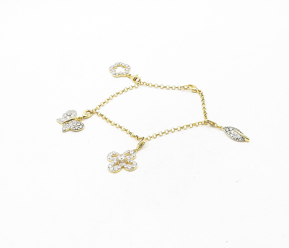 925 Sterling Silver  Cubic Zirconia Gold Plated Floral Charm Bracelet  BT3700