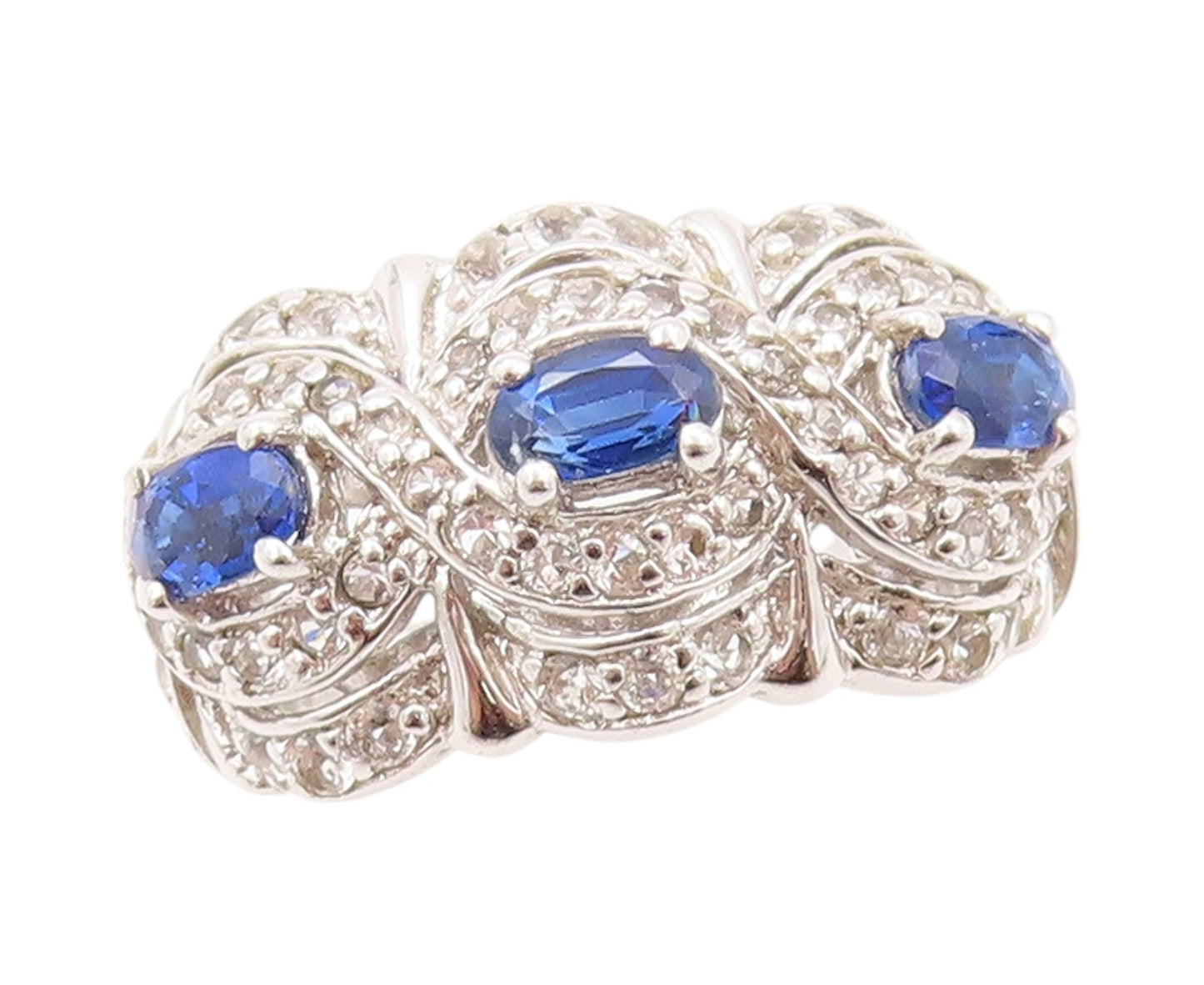 925 Sterling Silver Vintage Ring Oval Sapphire Halo Topaz Bands  Sz 6  RG32902