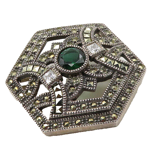 JUDITH JACK 925 Silver  Vintage Topaz & Marcasite Hexagon Brooch Pin  BP6767