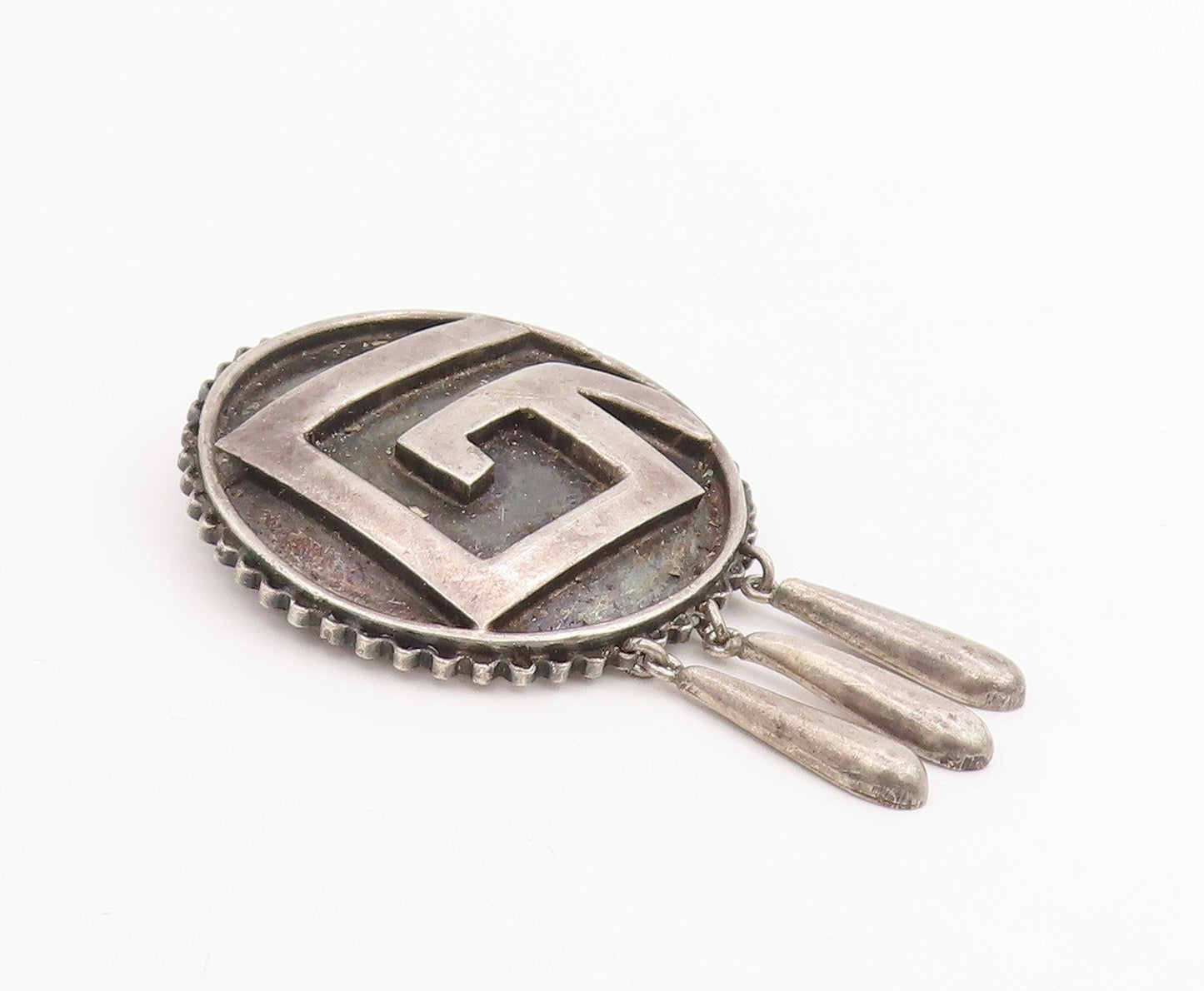 925 Sterling Silver Vintage Brooch Mayan Tribal Round Dangling Pin  BP12250