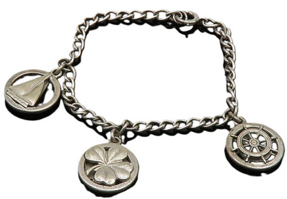 925 Sterling Silver  Vintage Sail Boat Clover Good Luck Charm Bracelet  BT9114