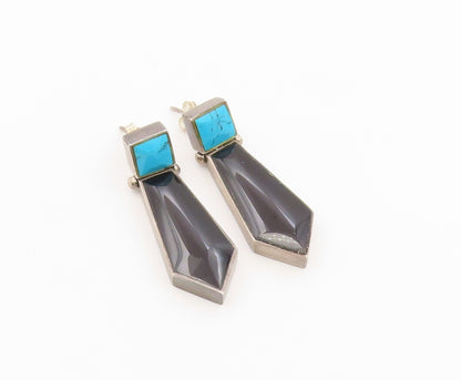 925 Sterling Silver Vintage Earrings Turquoise & Onyx Geometric Drop  EG14498