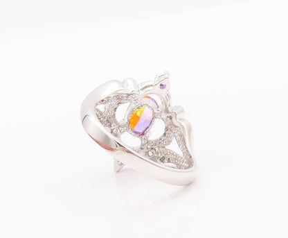 925 Sterling Silver Vintage Ring Cutout Carved Gemstone Flower  Sz 9.5  RG28297