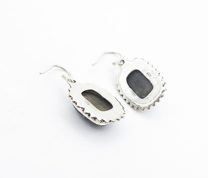 925 Sterling Silver  Vintage Cabochon Cut Jasper Shiny Dangle Earrings  EG3201