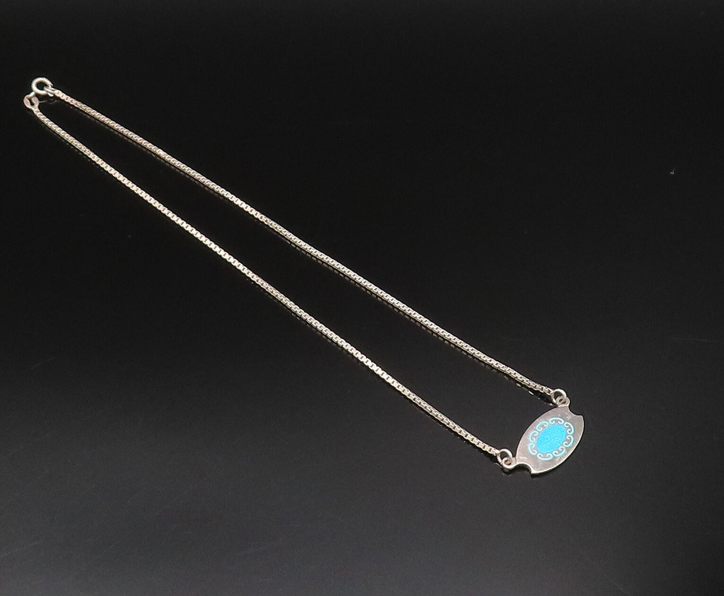 925 Silver  Vintage Minimalist Blue Enamel Swirl Accent Chain Necklace  NE3935