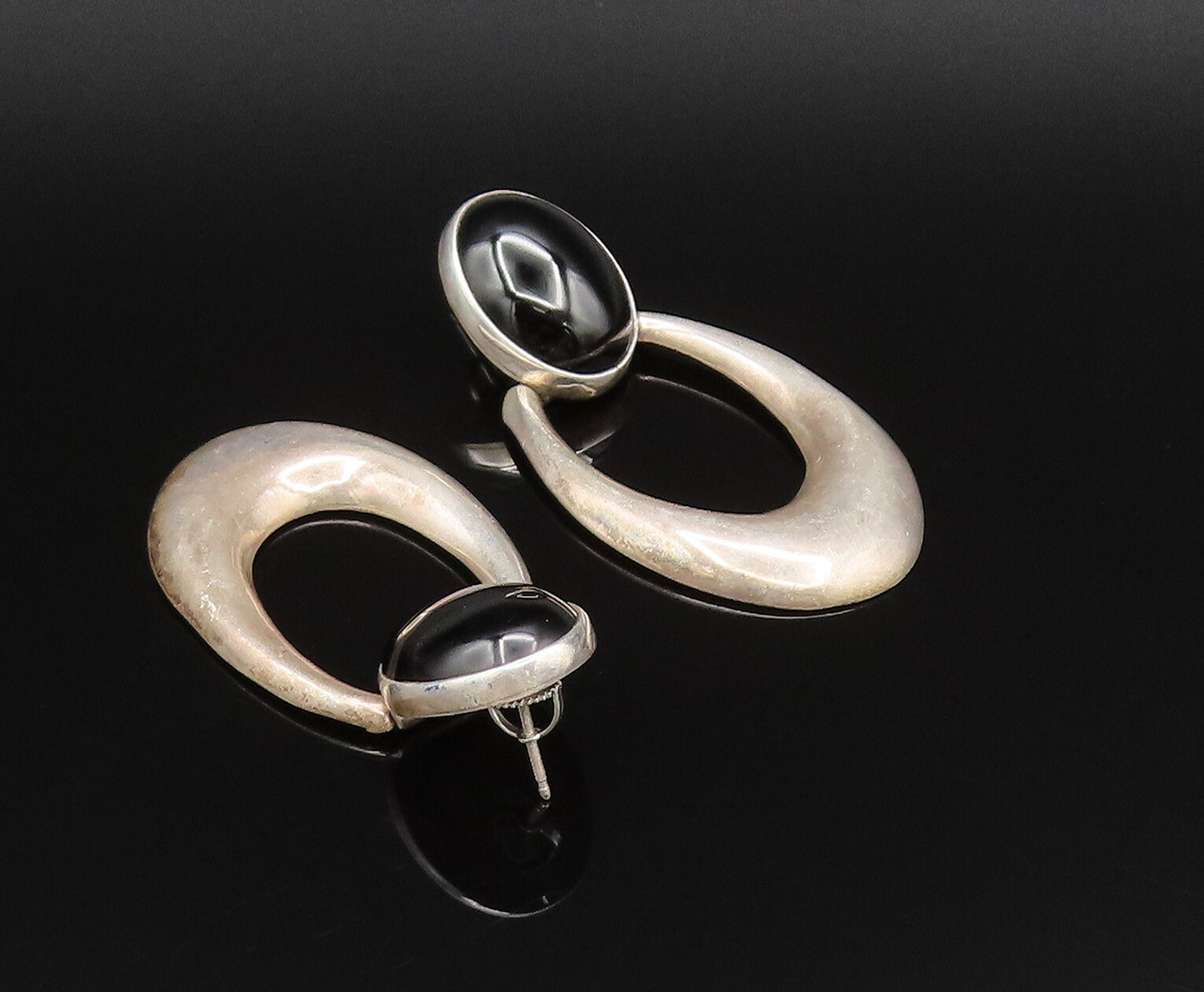 925 Sterling Silver Vintage Cabochon Black Onyx Open U Dangle Earrings EG12130