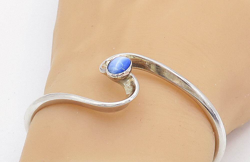 MEXICO 925 Sterling Silver  Vintage Blue Cat's Eye Topaz Cuff Bracelet  BT2751