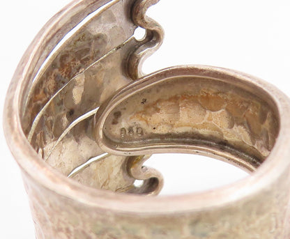 925 Sterling Silver Vintage Ring Modernist Hammered Bird Wing Band Sz 10 RG34008
