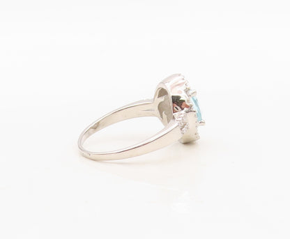 925 Sterling Silver Vintage Ring Designer Oval Blue & White CZ  Sz 7 RG30504