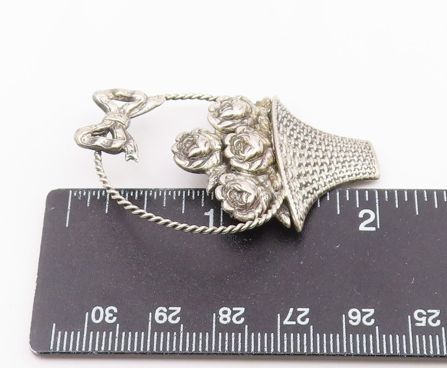 BEAU 925 Silver  Vintage Rose Flower Basket With Bow Tie Brooch Pin  BP9790