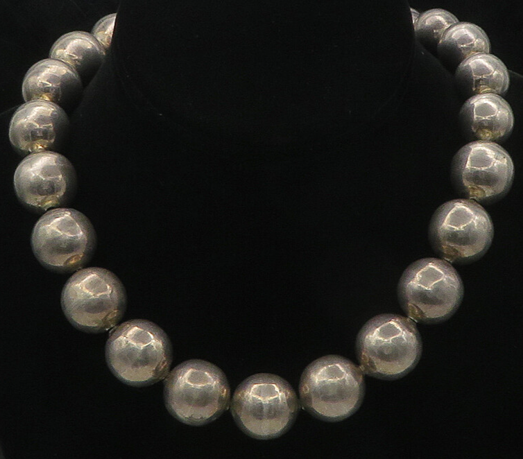 MEXICO 925 Silver  Vintage Heavy Graduated Beaded Chain Necklace  NE2923