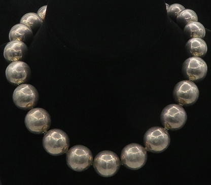 MEXICO 925 Silver  Vintage Heavy Graduated Beaded Chain Necklace  NE2923