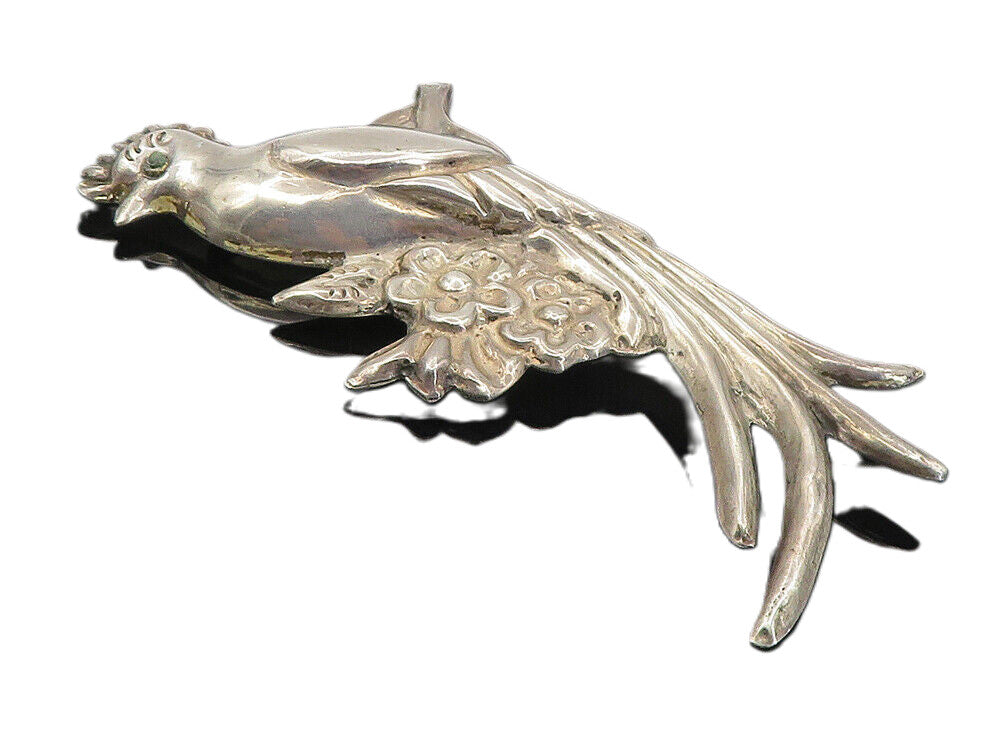 MEXICO 925 Sterling Silver  Vintage Turquoise Long Tail Bird Brooch Pin BP3150