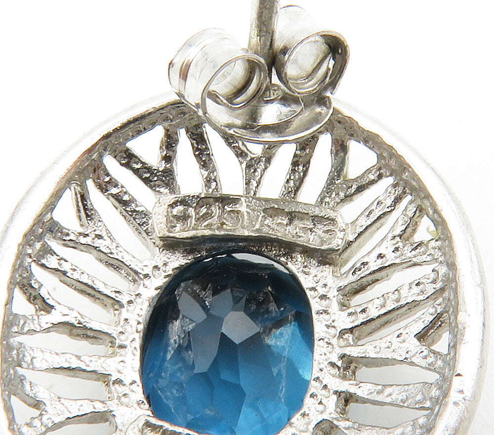 925 Sterling Silver  Shiny Blue Topaz Floral Dome Drop Earrings  EG7575