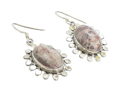 925 Sterling Silver  Vintage Cabochon Cut Jasper Floral Dangle Earrings EG3641