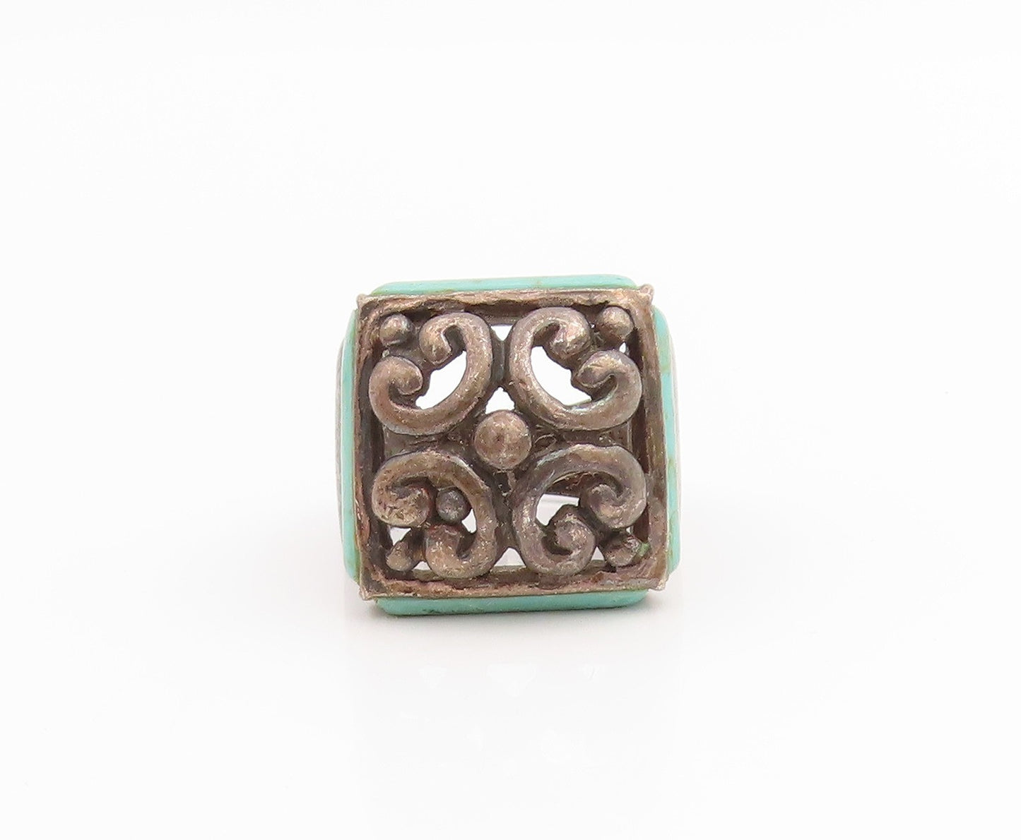 925 Sterling Silver Vintage Ring Turquoise Dark Tone Floral Band  Sz 7  RG33854