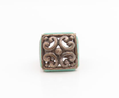 925 Sterling Silver Vintage Ring Turquoise Dark Tone Floral Band  Sz 7  RG33854