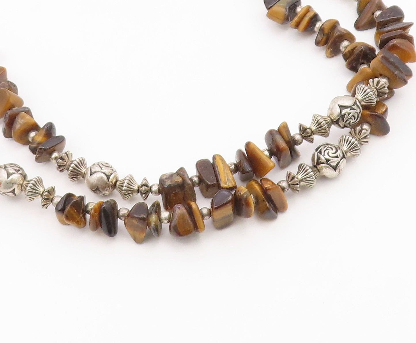 925 Silver  Vintage Engraved Sphere Bar & Tiger's Eye Layered Necklace  NE3877