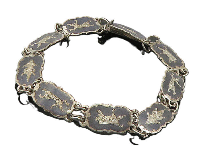 SIAM 925 Sterling Silver  Vintage Niello Enamel Dancer Chain Bracelet  BT7018
