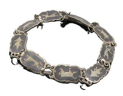SIAM 925 Sterling Silver  Vintage Niello Enamel Dancer Chain Bracelet  BT7018