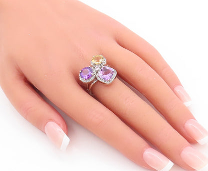925 Sterling Silver Vintage Ring Round & Square Amethyst Citrine Sz 7.5  RG29867