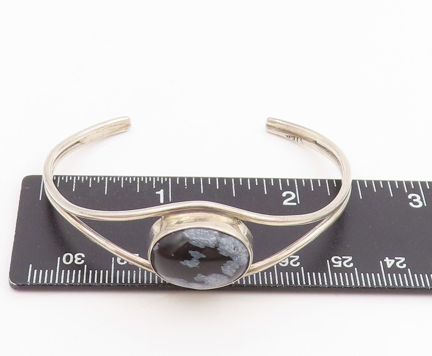 925 Sterling Silver Vintage Bracelet Oval Cabochon Agate Modernist Cuff  BT11508