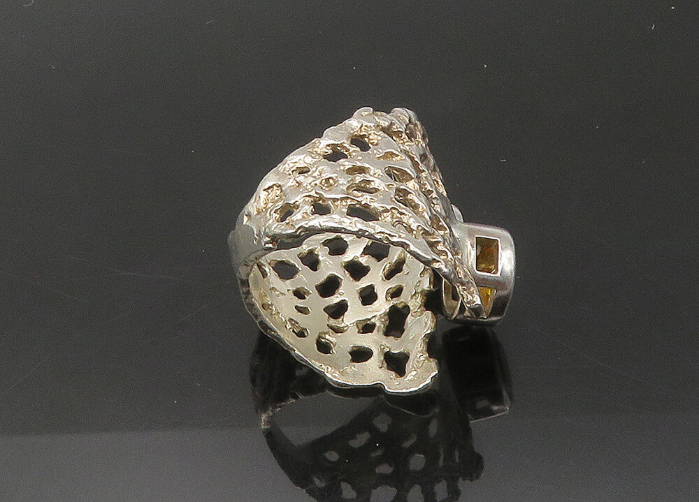 925 Silver  Vintage Cubic Zirconia & Citrine Sculpted Band Ring Sz 8.5 RG22387