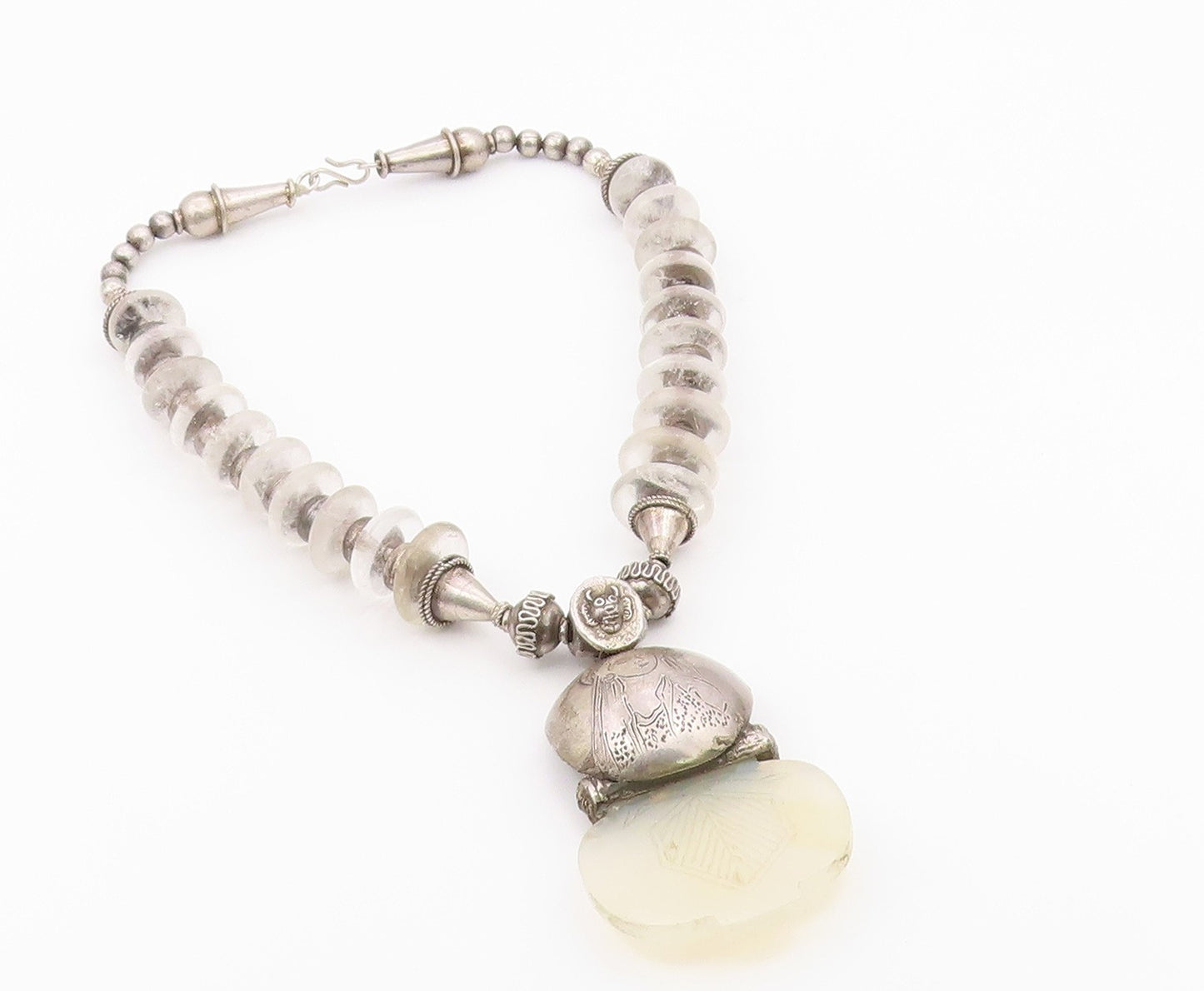 Vintage Silver Necklace Etched Goddess Glass & Bead Heavy Viking  NE3890