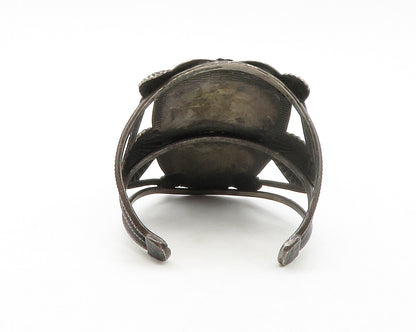 NAVAJO 925 Silver  Vintage Face Carved Black Onyx Floral Cuff Bracelet  BT5030