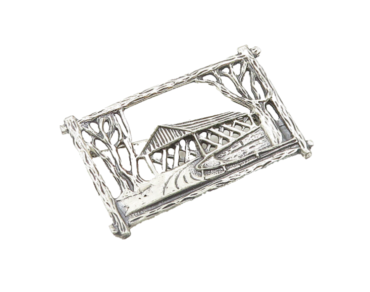 BEAU 925 Sterling Silver  Vintage Shiny Gazebo Forest Scene Brooch Pin  BP7658