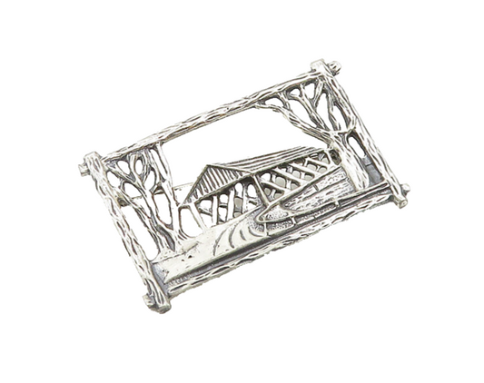 BEAU 925 Sterling Silver  Vintage Shiny Gazebo Forest Scene Brooch Pin  BP7658