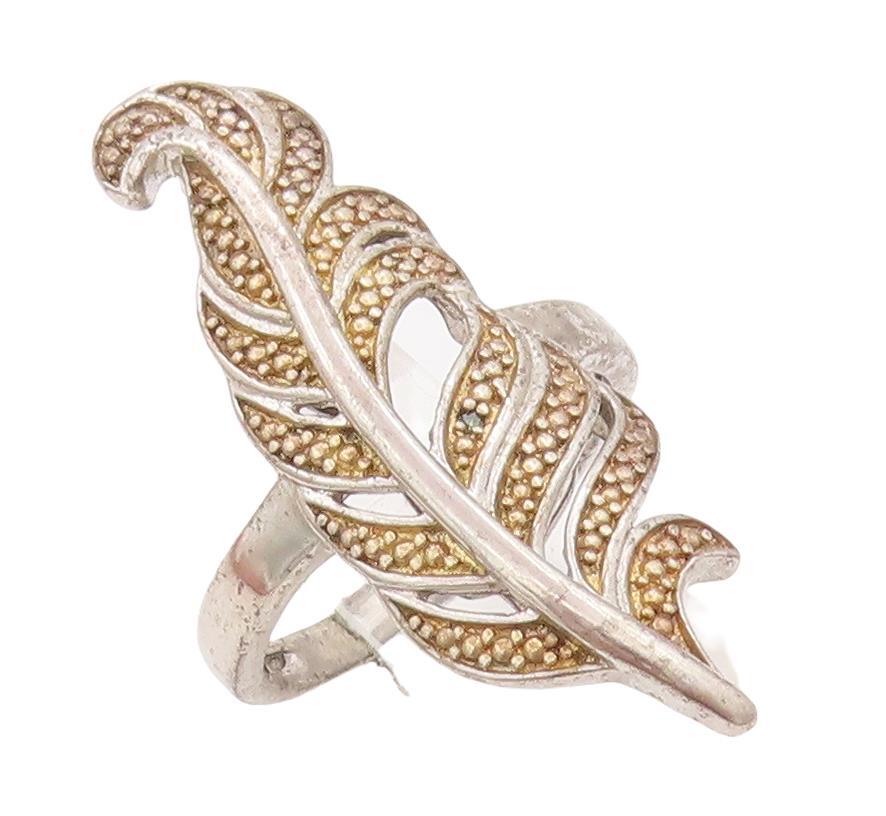 925 Sterling Silver Vintage Ring Designer Beaded Carved Leaf  Sz 7  RG28347
